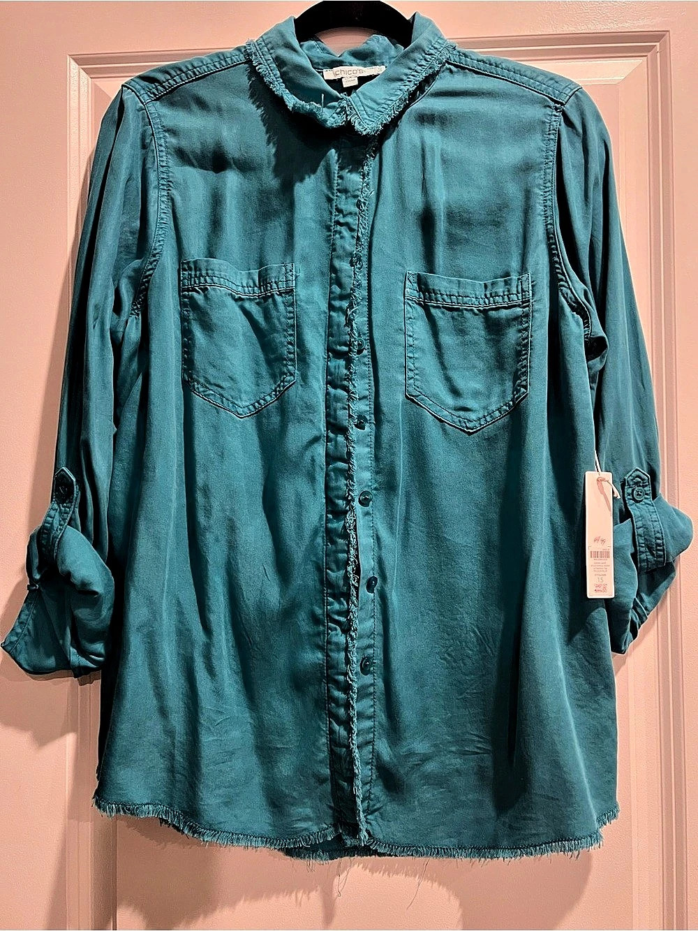 Chico's Pagoda Blue Fringe Denim LS Shirt